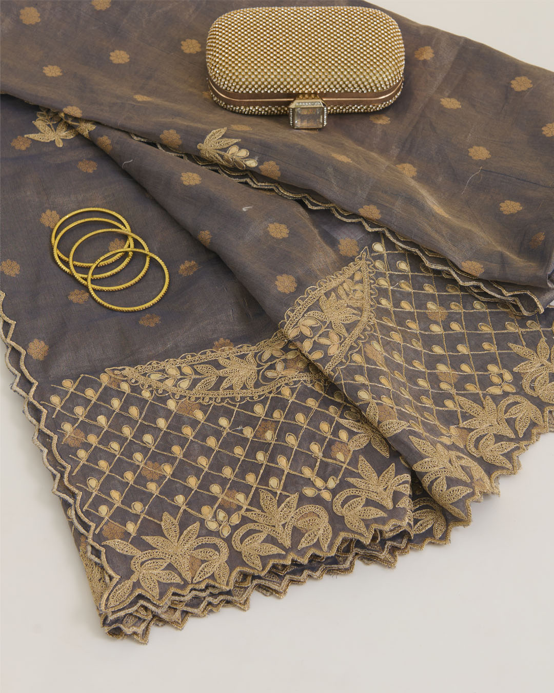 Blue Chanderi Tissue Dupatta with Gold Woven Buti & Gota Marodi Pallu