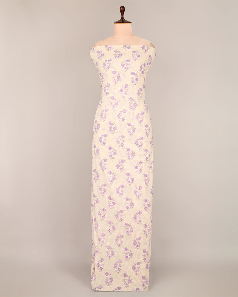 Cream & Purple Cotton Jaipuri Block Buta Printed Fabric