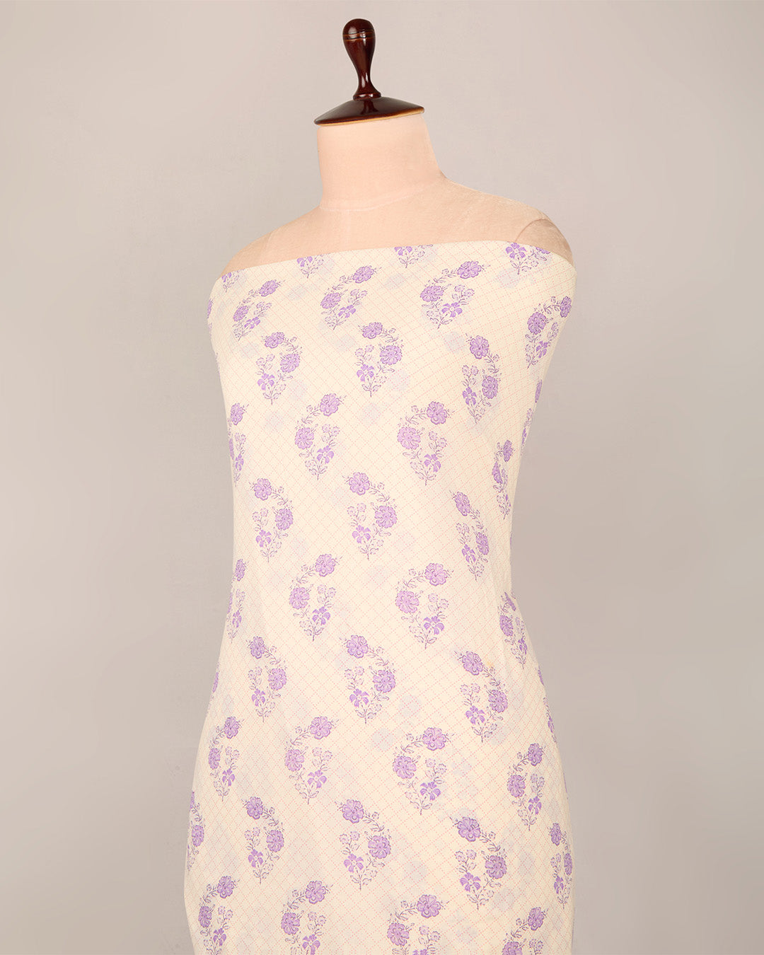 Cream & Purple Cotton Jaipuri Block Buta Printed Fabric