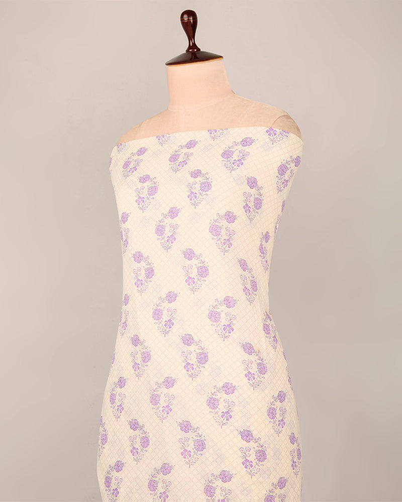 Cream & Purple Cotton Jaipuri Block Buta Printed Fabric