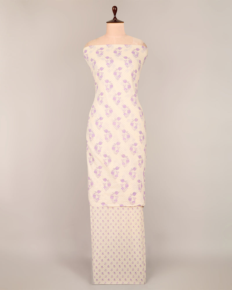 Cream & Purple Cotton Jaipuri Block Buta Printed Fabric