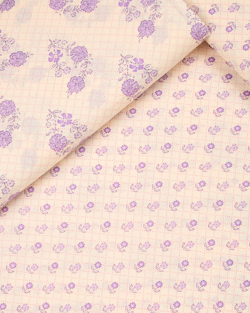 Cream & Purple Cotton Jaipuri Block Buta Printed Fabric