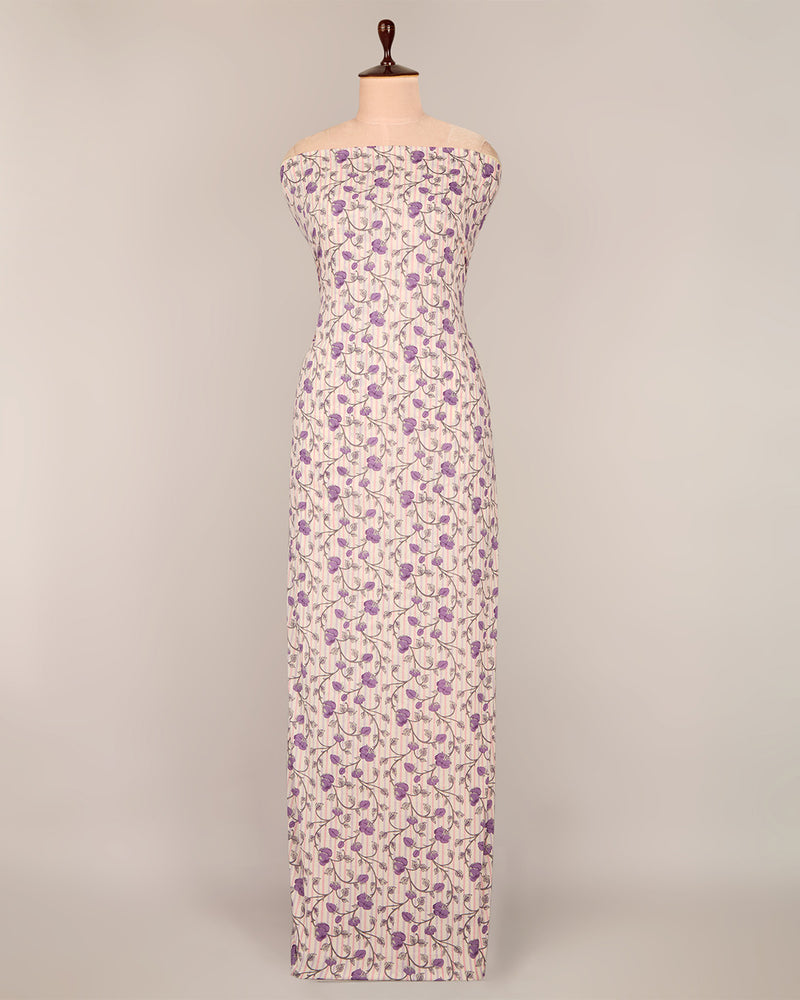 Cream & Purple Cotton Jaipuri Block Stripes Jaal Printed Fabric