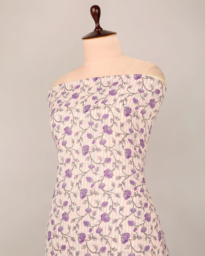 Cream & Purple Cotton Jaipuri Block Stripes Jaal Printed Fabric