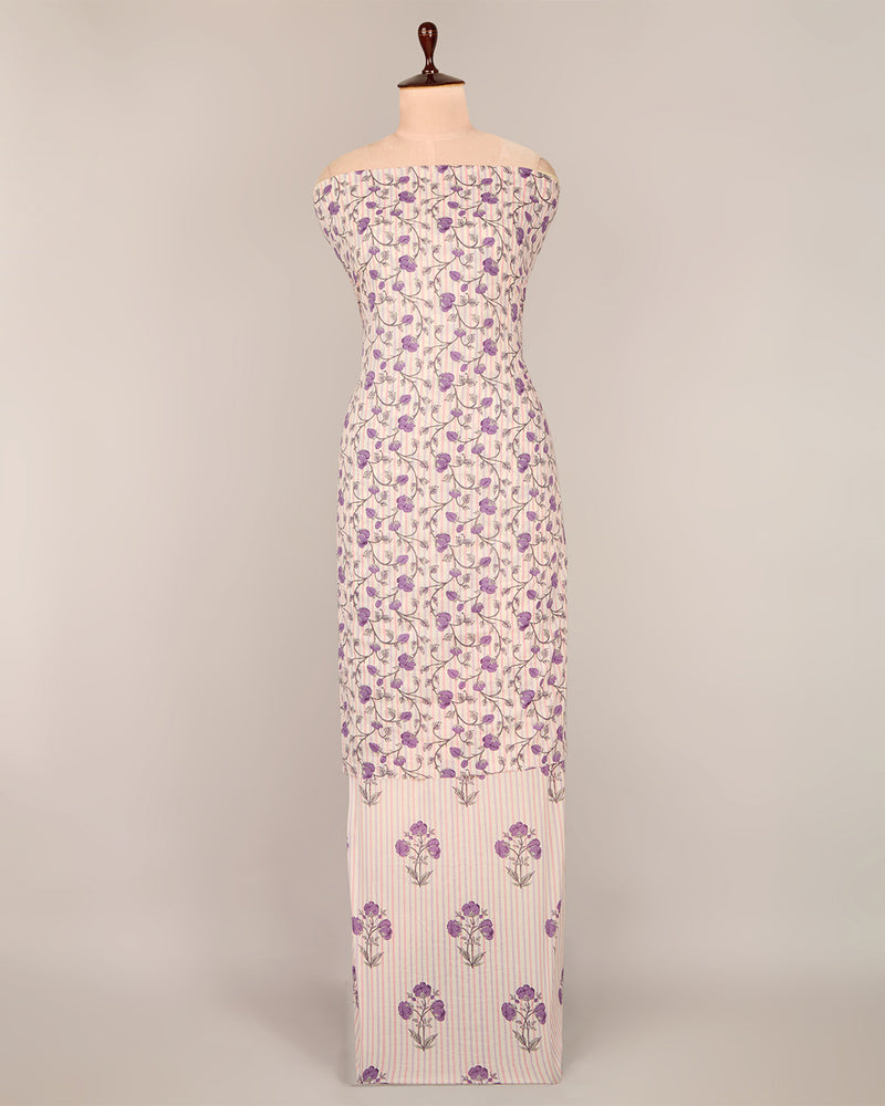 Cream & Purple Cotton Jaipuri Block Stripes Jaal Printed Fabric