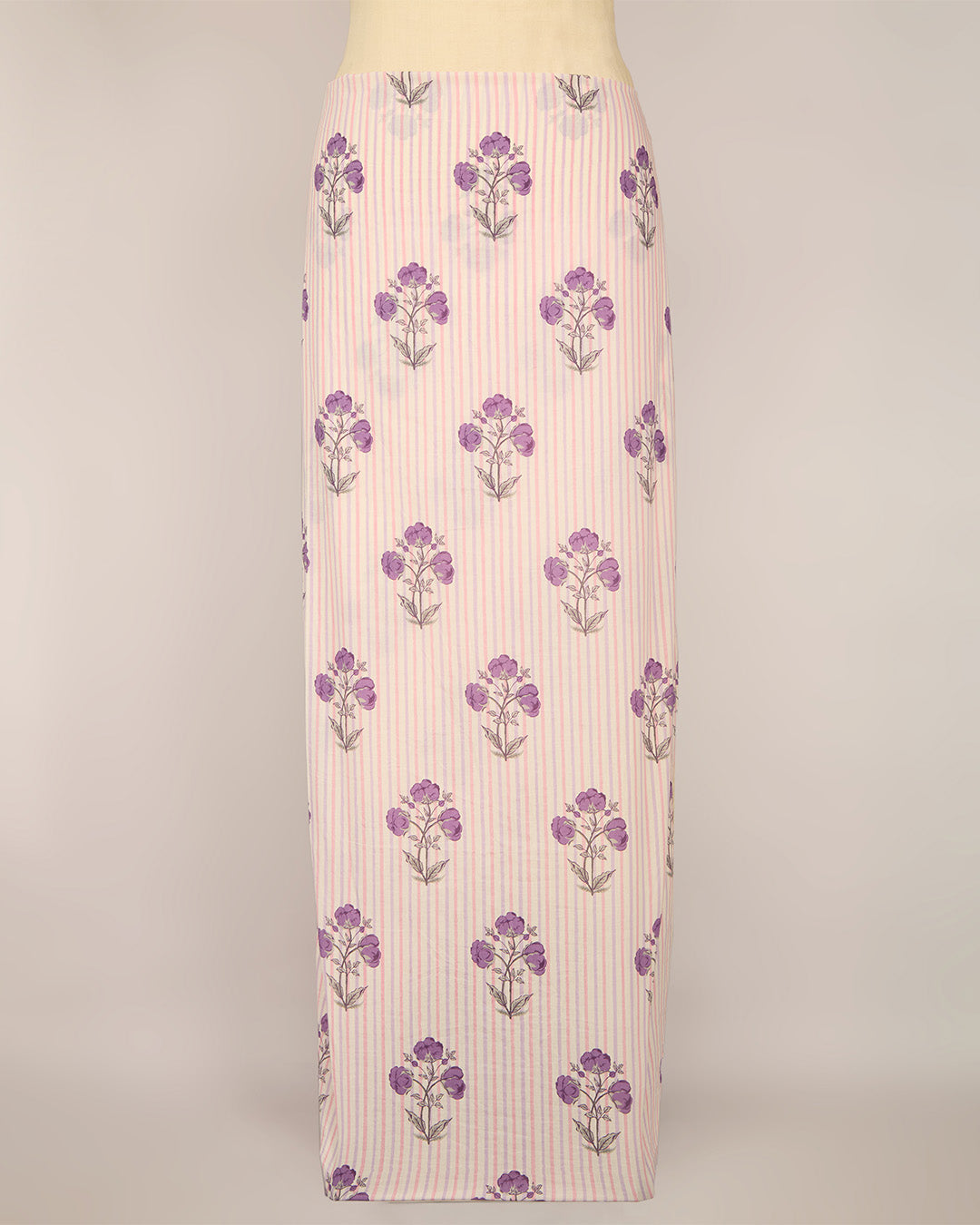 Cream & Purple Cotton Jaipuri Block Stripes Jaal Printed Fabric