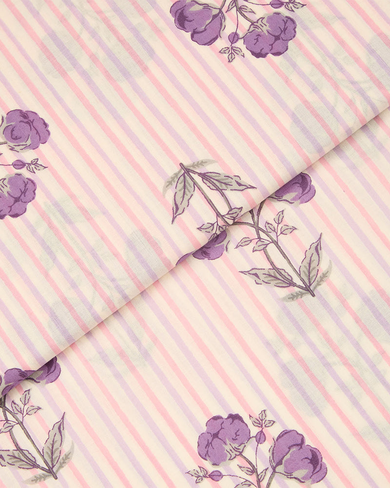 Cream & Purple Cotton Jaipuri Block Stripes Jaal Printed Fabric