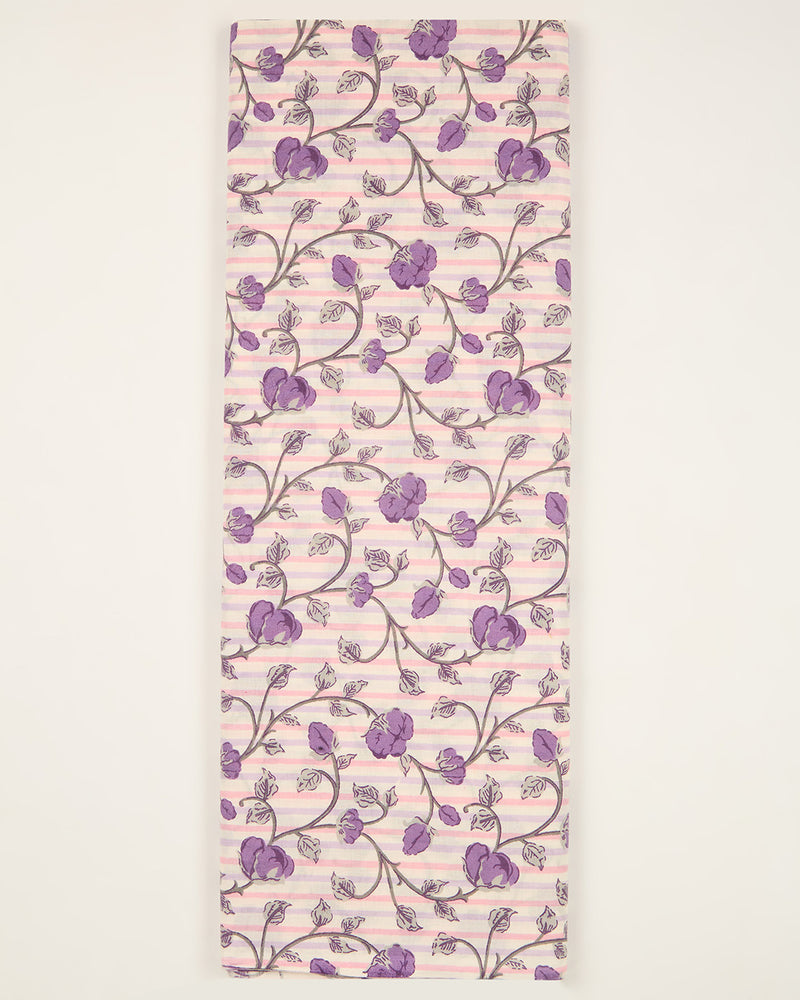 Cream & Purple Cotton Jaipuri Block Stripes Jaal Printed Fabric