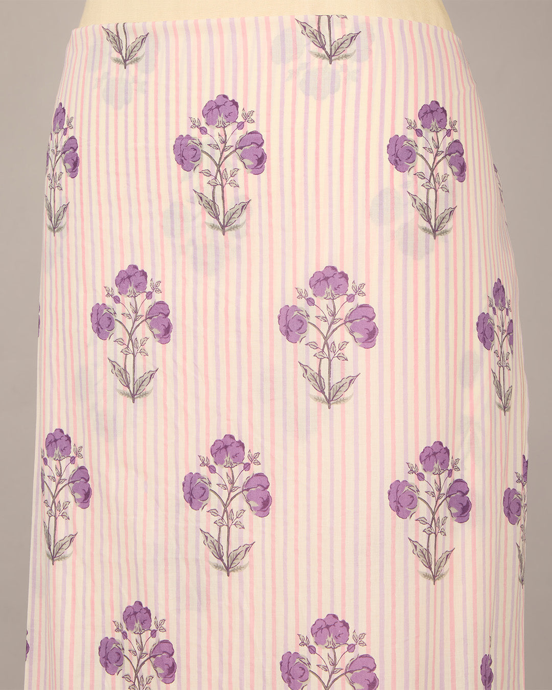 Cream & Purple Cotton Jaipuri Block Stripes Jaal Printed Fabric