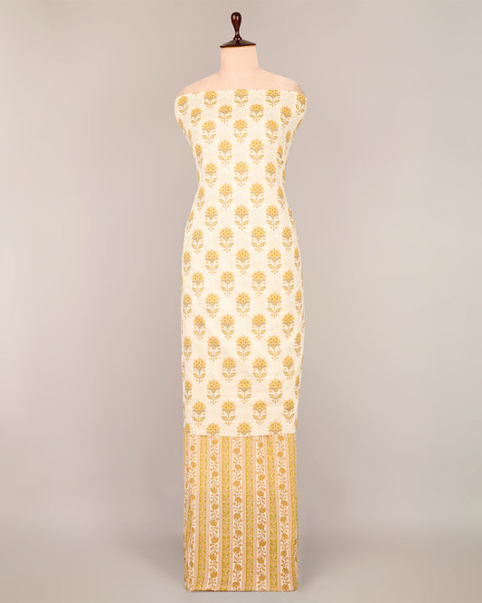 Cream and Mustard Cotton Jaipuri Block Buta & Stripes Printed Fabric