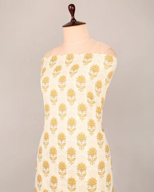 Cream Mustard Cotton Jaipuri Block Buta & Stripes Fabric