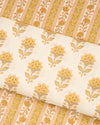 Cream Mustard Cotton Jaipuri Block Buta & Stripes Fabric