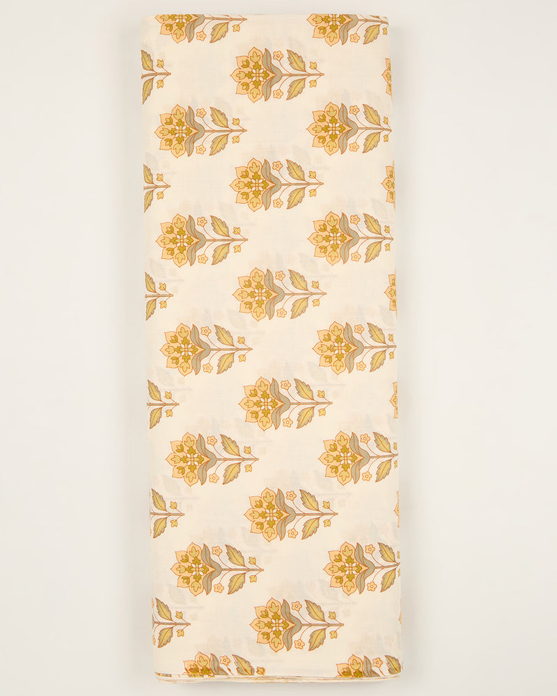 Cream Mustard Cotton Jaipuri Block Buta & Stripes Fabric