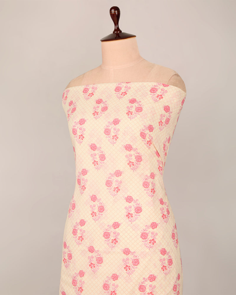 Cream Pink Cotton Jaipur Printed Fabric
