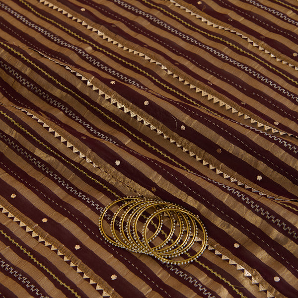 Coffee Brown Chanderi Zari Stripes Badla Gota Triangle Fabric