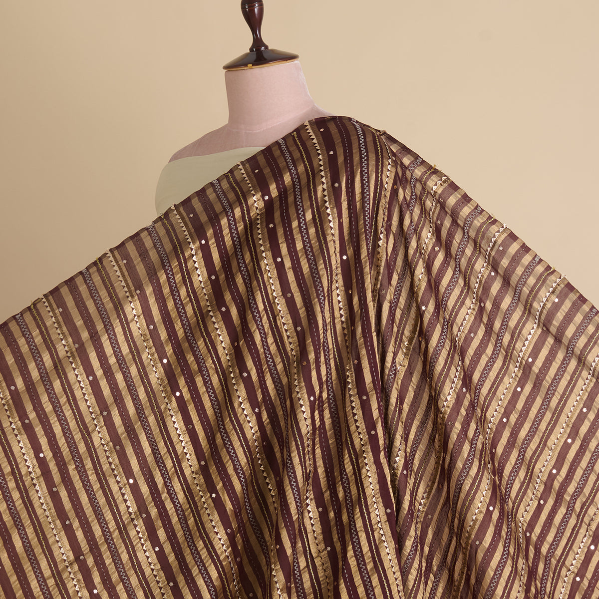 Coffee Brown Chanderi Zari Stripes Badla Gota Triangle Fabric