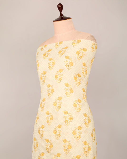 Cream Yellow Cotton Jaipur Block Buta Printed Fabric