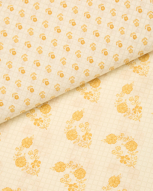 Cream Yellow Cotton Jaipur Block Buta Printed Fabric