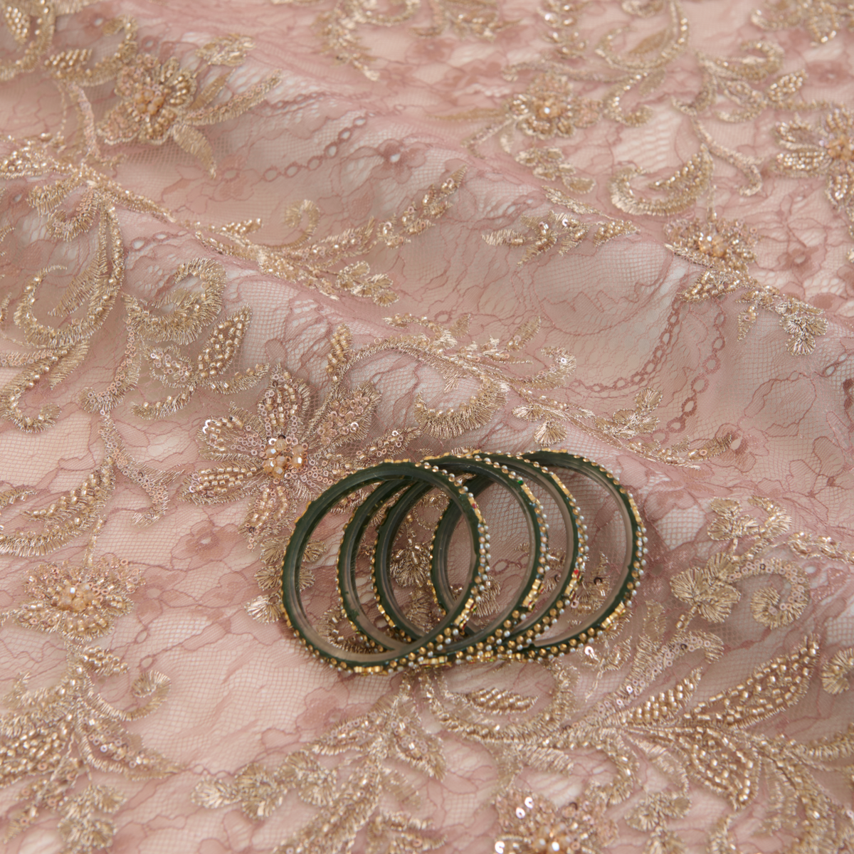 Dusty Pink Chantilly Lace with Gold Aari Embroidery Fabric