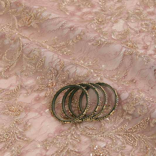 Dusty Pink Chantilly Lace with Gold Aari Embroidery Fabric