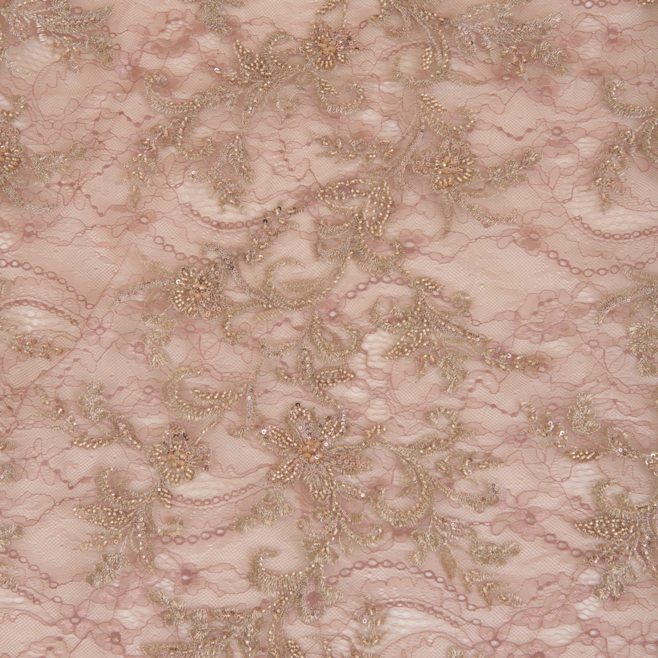 Dusty Pink Chantilly Lace with Gold Aari Embroidery Fabric