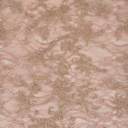 Dusty Pink Chantilly Lace with Gold Aari Embroidery Fabric