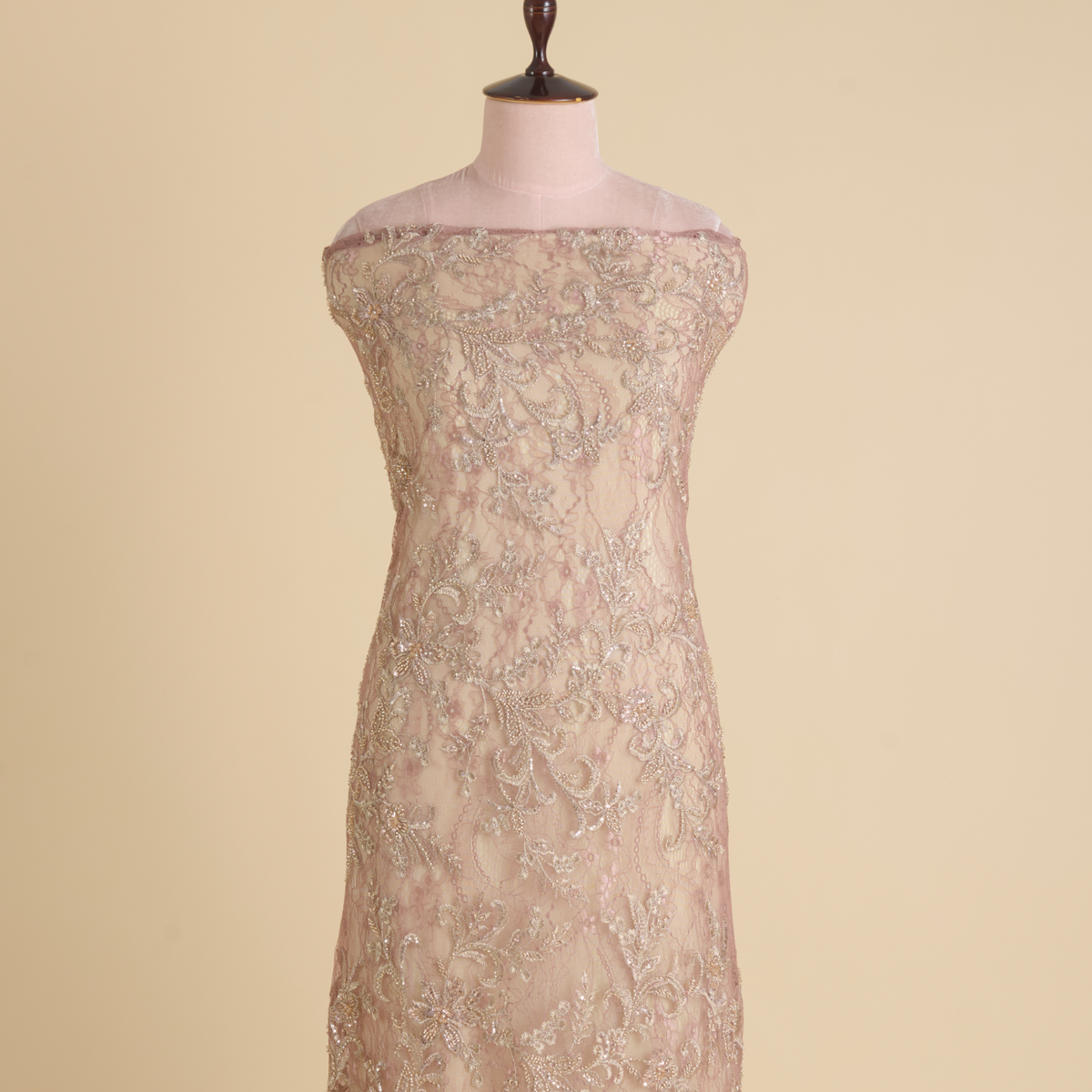Dusty Pink Chantilly Lace with Gold Aari Embroidery Fabric