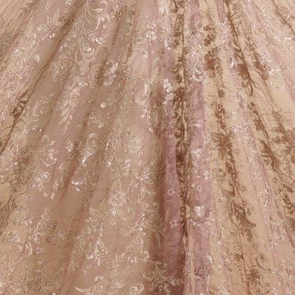 Dusty Pink Chantilly Lace with Gold Aari Embroidery Fabric