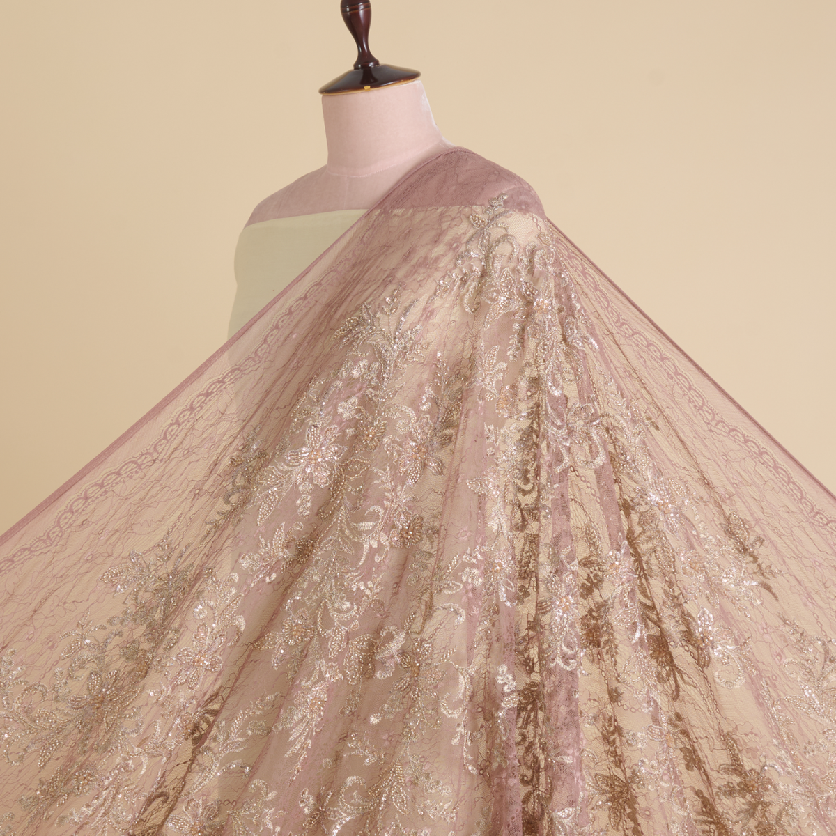 Dusty Pink Chantilly Lace with Gold Aari Embroidery Fabric