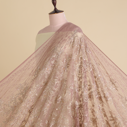 Dusty Pink Chantilly Lace with Gold Aari Embroidery Fabric