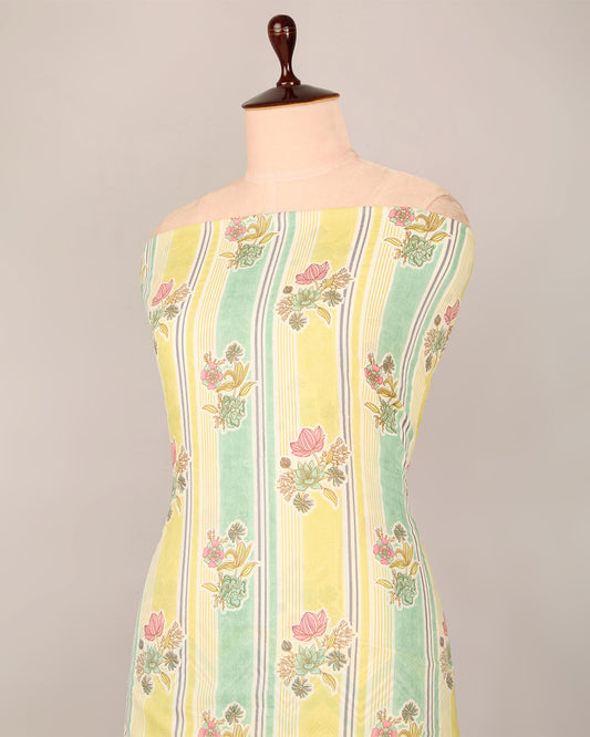 Green Yellow Cotton Jaipuri Block Stripes & Geometric Fabric