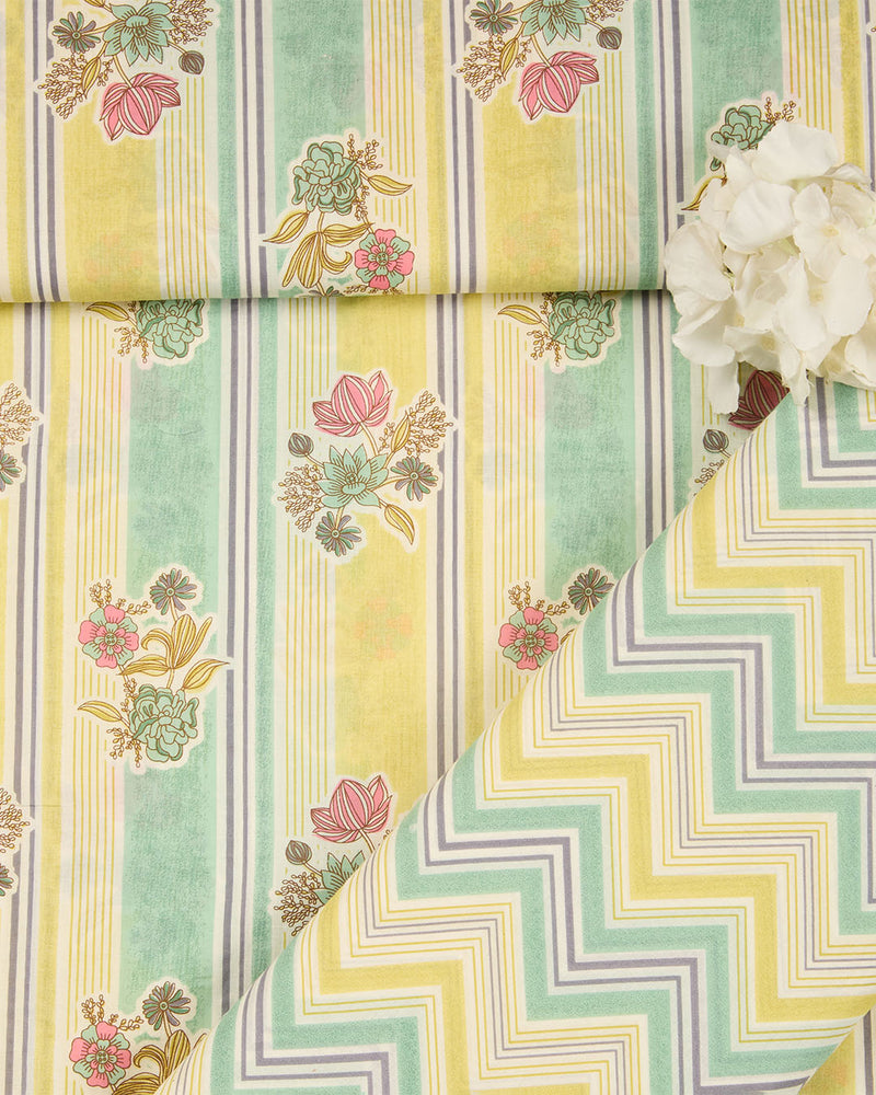 Green Yellow Cotton Jaipuri ZigZag Printed Fabric