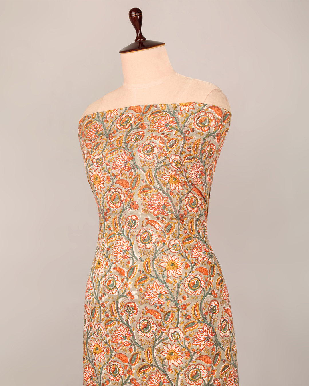 Grey Cotton Jaipuri Block Stripes Jaal Printed Fabric