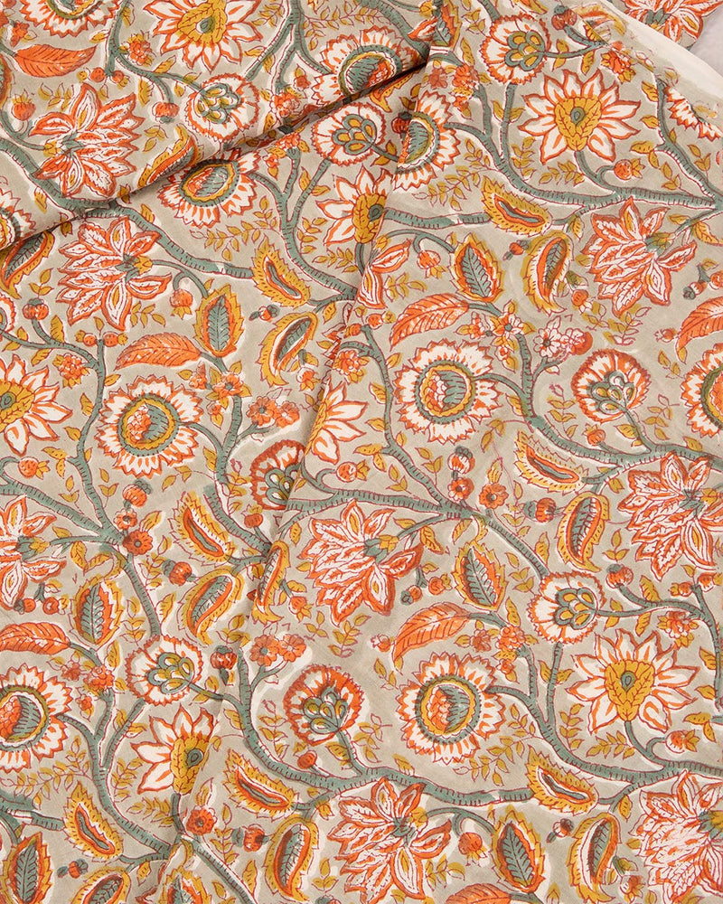 Grey Cotton Jaipuri Block Stripes Jaal Printed Fabric