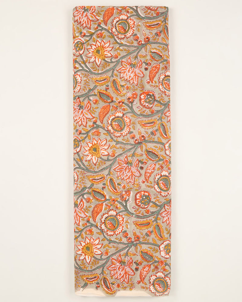 Grey Cotton Jaipuri Block Stripes Jaal Printed Fabric