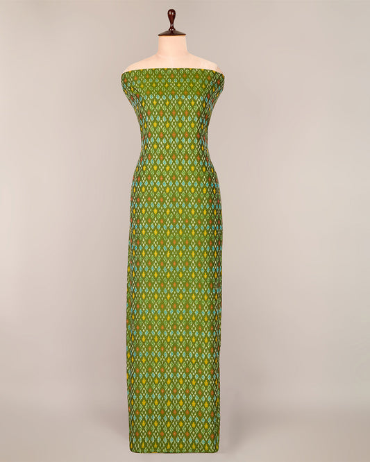 Green Cotton Silk Ikat Fabric with Traditional Handwoven Pattern