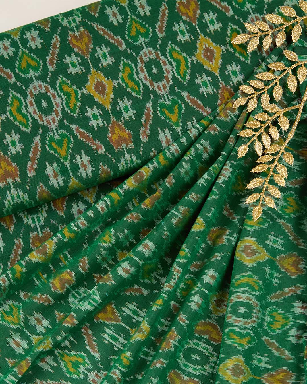 Bottle Green Cotton Silk Ikat Fabric