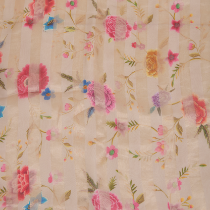 Grey Chanderi Printed Fabric with Tissue Stripes