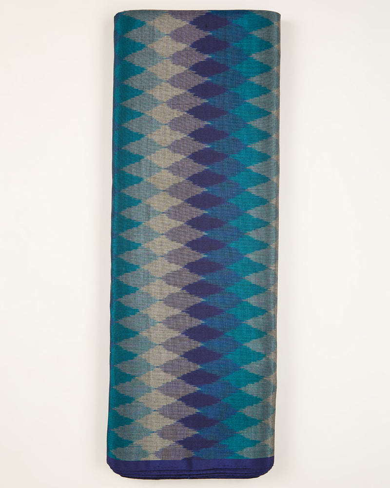 Imperial Blue Cotton Silk Ikat Geometric Fabric