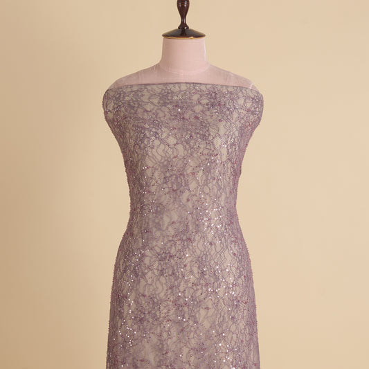 Lilac Matt Chantilly Lace Sequin Cutdana Embroidery Jaal Fabric