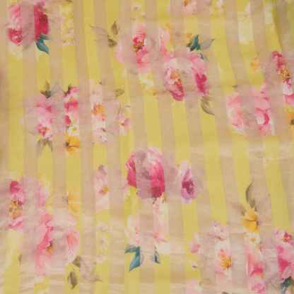 Lemon Yellow Chanderi Printed Fabric with Tissue Stripes
