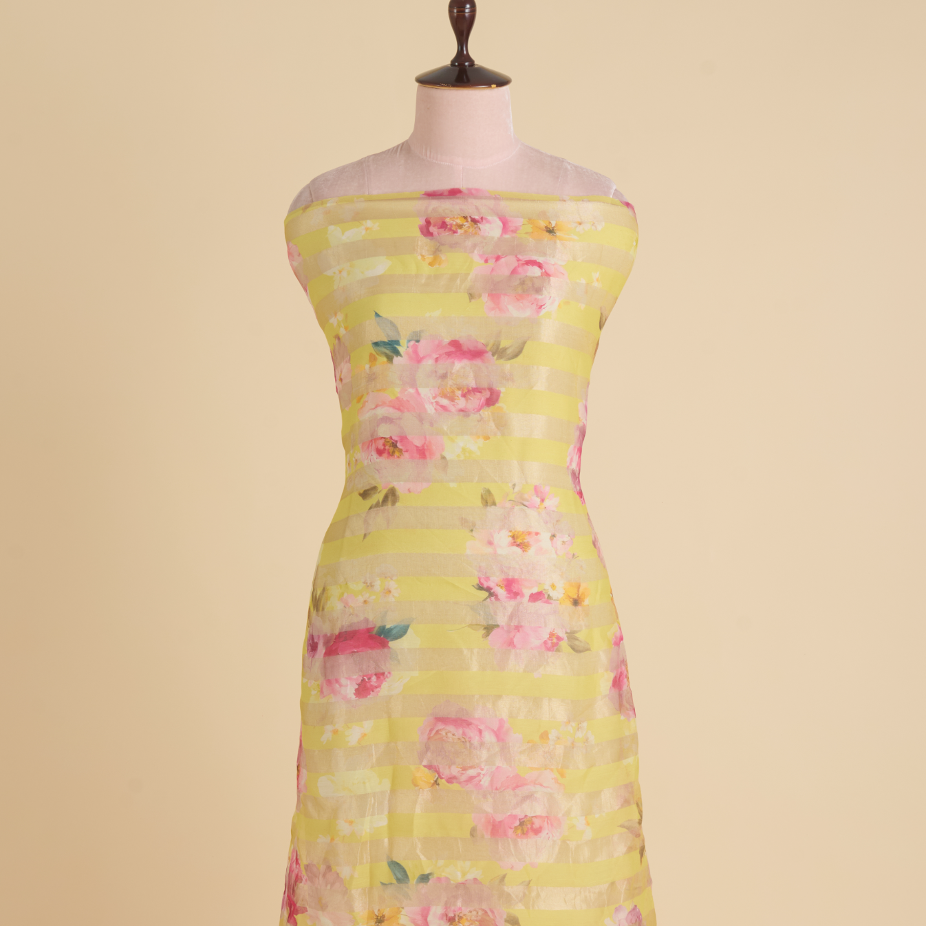 Lemon Yellow Chanderi Printed Fabric with Tissue Stripes