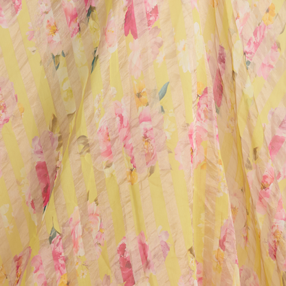 Lemon Yellow Chanderi Printed Fabric with Tissue Stripes
