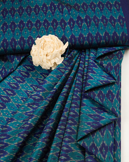 Blue Green Cotton Silk Ikat Fabric