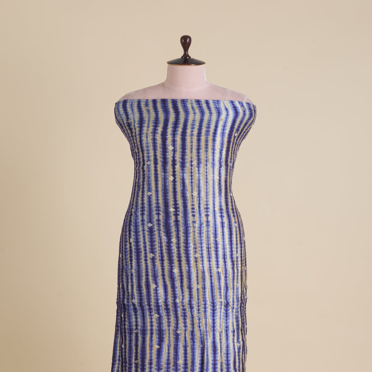Natural Blue Chiniya Tie & Dye Butta Woven Fabric