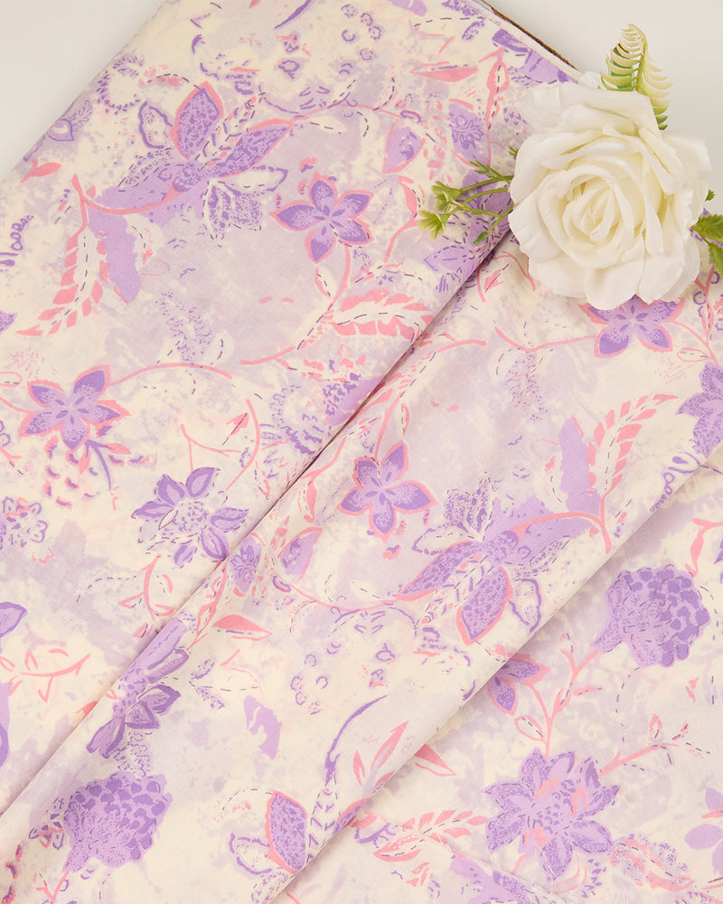 Offwhite-Purple Cotton Jaipuri Block Jaal Printed Fabric