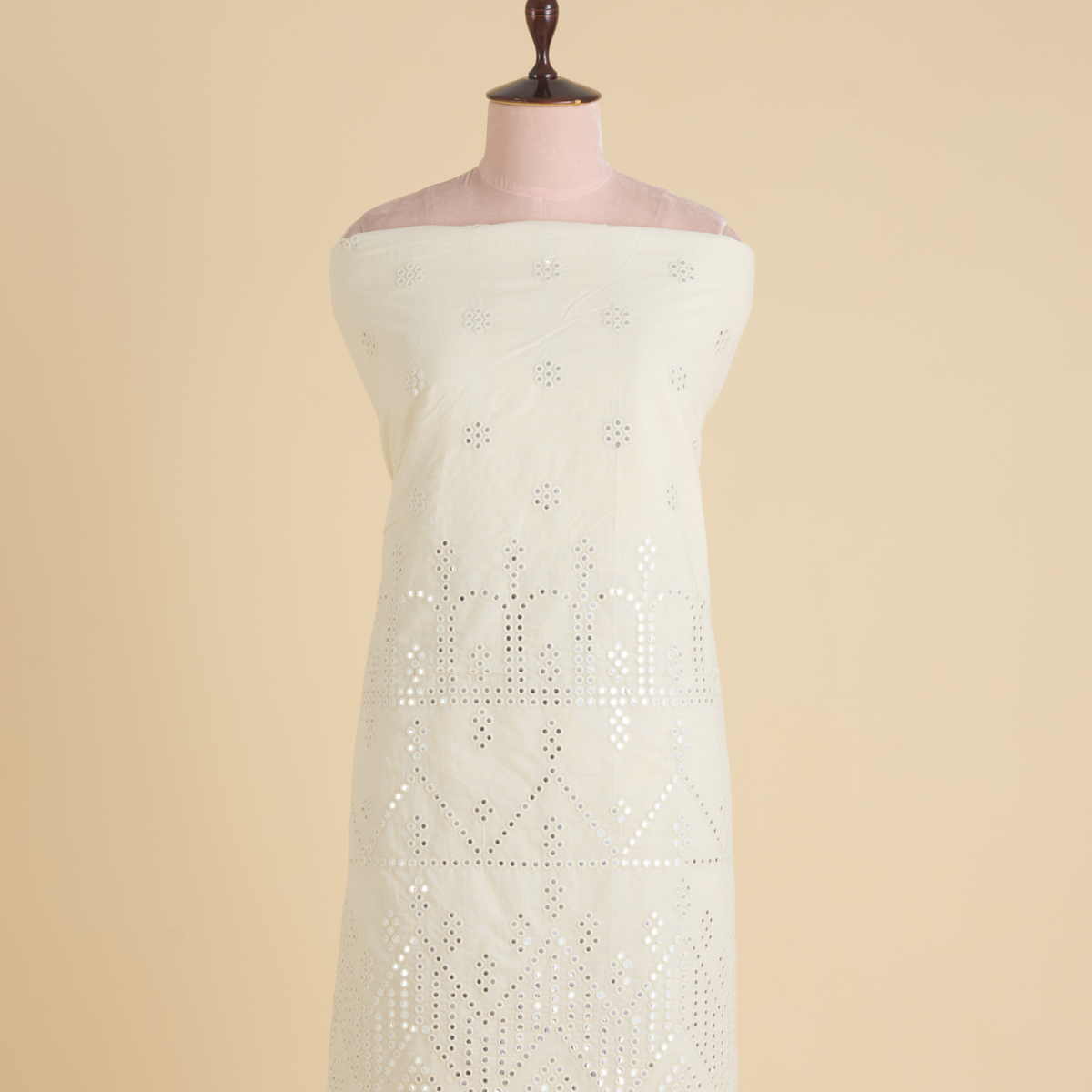 Off White Cotton Mal Daman Skirt Mirror Work Fabric