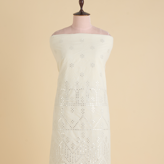 Off White Cotton Mal Daman Skirt Mirror Work Fabric