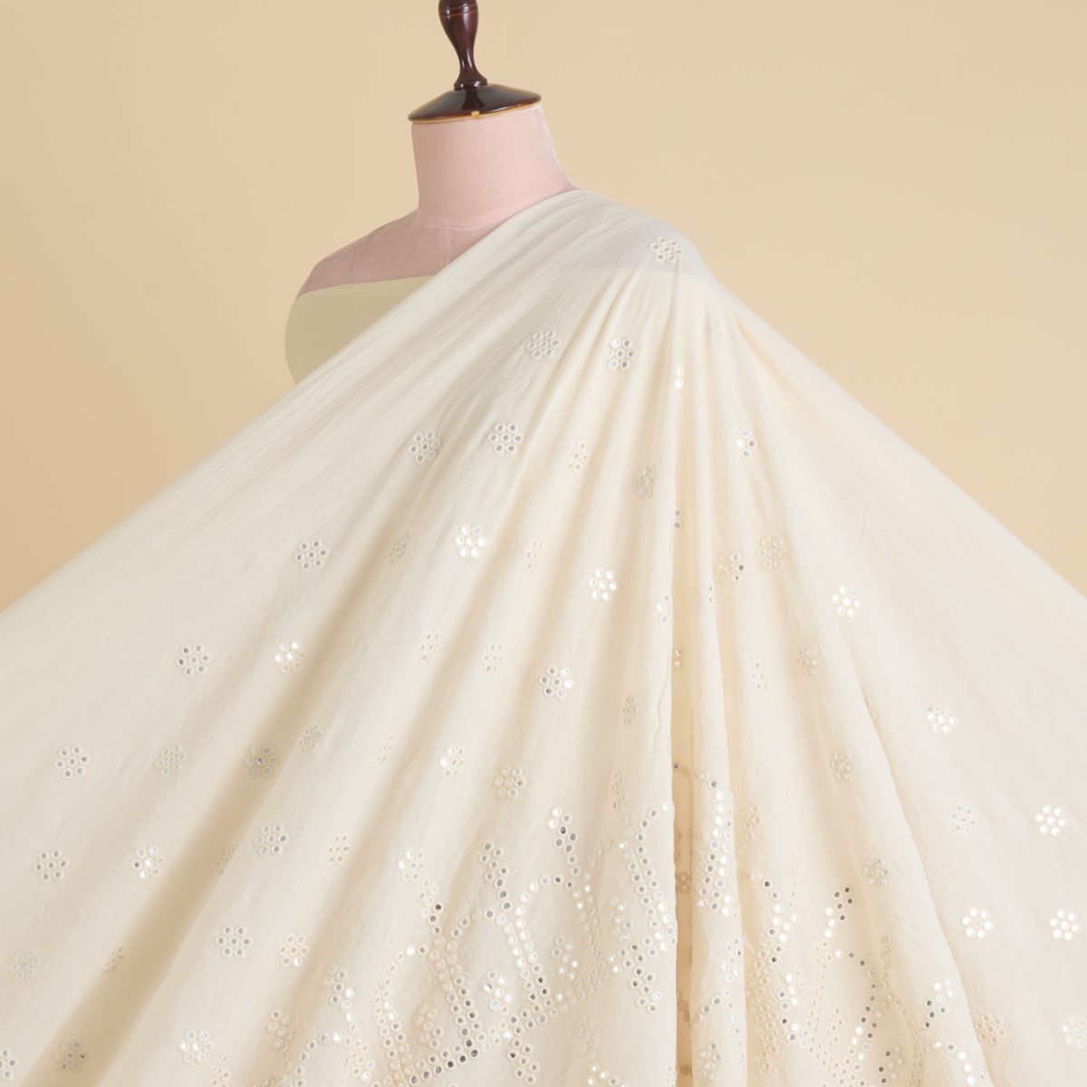 Off White Cotton Mal Daman Skirt Mirror Work Fabric