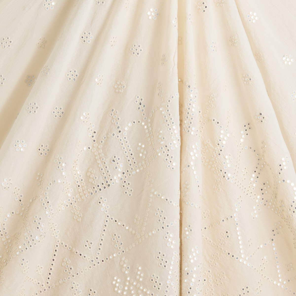 Off White Cotton Mal Daman Skirt Mirror Work Fabric